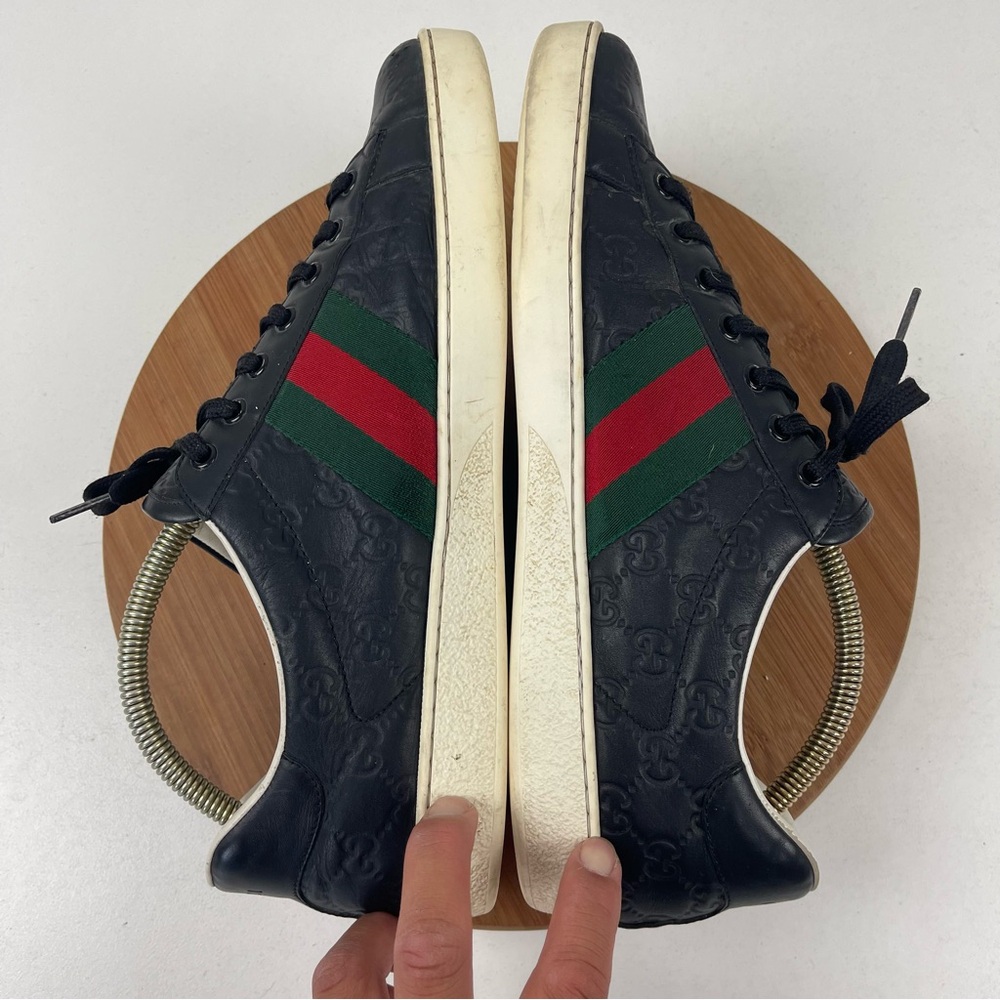Black Leather Men's Low-Top Sneakers with Green/Red Stripe - Picture 7 of 12